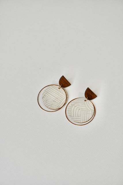 Taupe and white Cork Leather and Brass Hoop Earrings