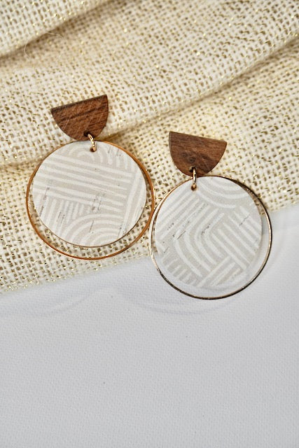 Taupe and white Cork Leather and Brass Hoop Earrings