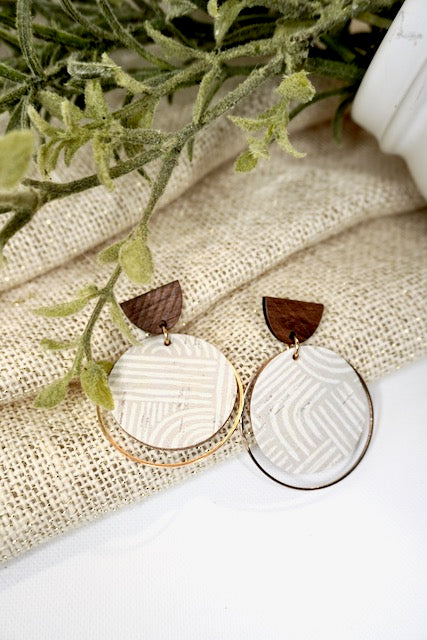 Taupe and white Cork Leather and Brass Hoop Earrings