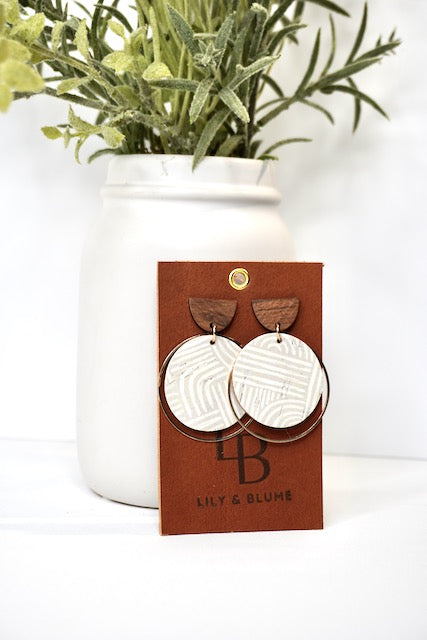 Taupe and white Cork Leather and Brass Hoop Earrings