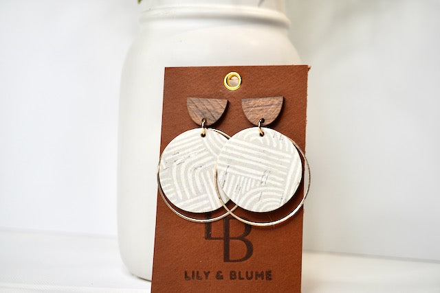 Taupe and white Cork Leather and Brass Hoop Earrings
