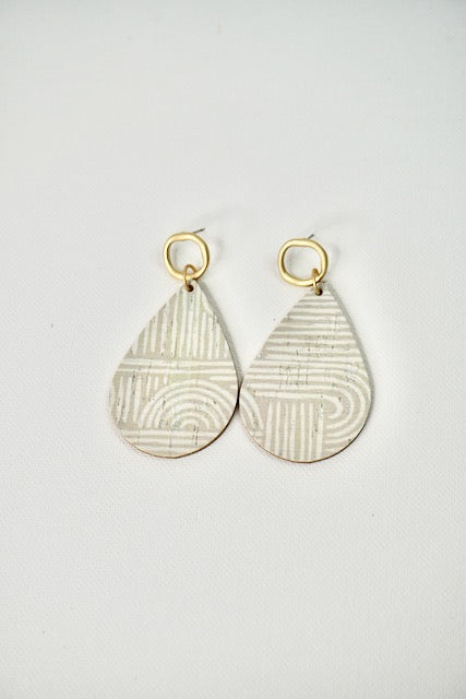 Neutral Cork Leather Teardrop Earrings with Matte Gold Post