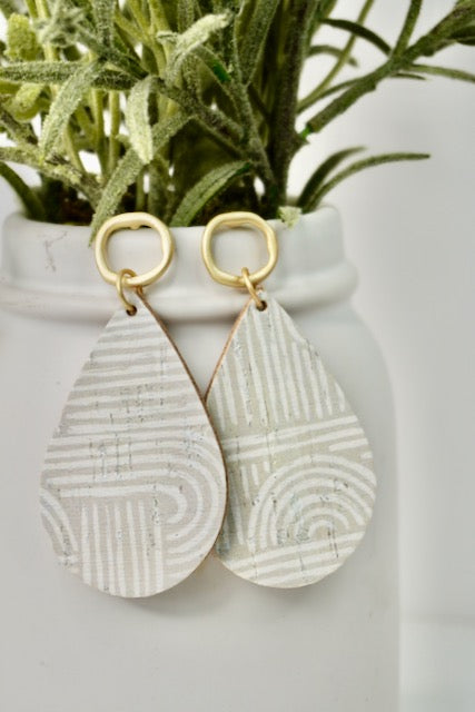 Neutral Cork Leather Teardrop Earrings with Matte Gold Post