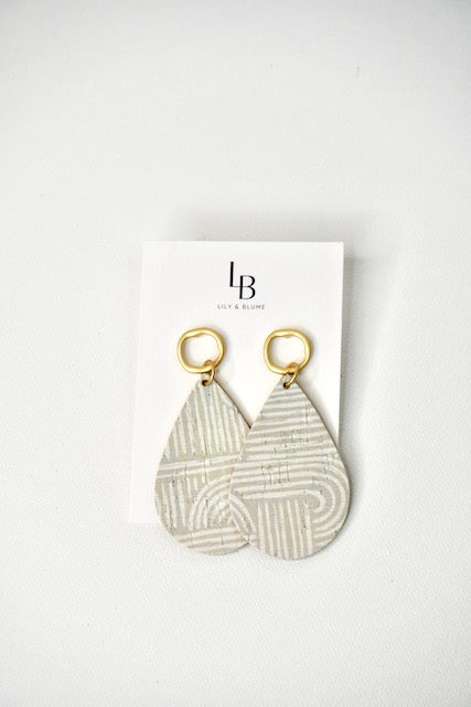 Neutral Cork Leather Teardrop Earrings with Matte Gold Post