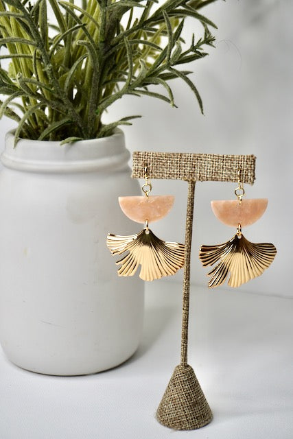 Blush Acrylic Half Moon and Gold Ginkgo Leaf Earrings