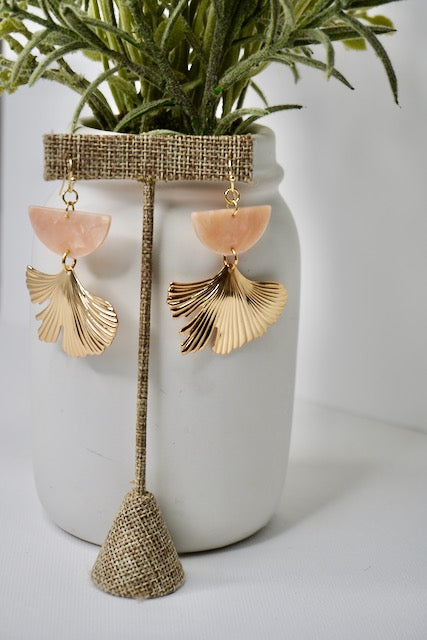Blush Acrylic Half Moon and Gold Ginkgo Leaf Earrings