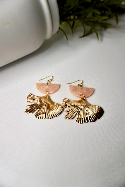 Blush Acrylic Half Moon and Gold Ginkgo Leaf Earrings