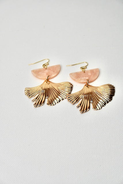 Blush Acrylic Half Moon and Gold Ginkgo Leaf Earrings