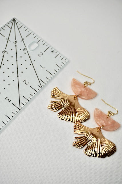 Blush Acrylic Half Moon and Gold Ginkgo Leaf Earrings