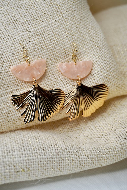 Blush Acrylic Half Moon and Gold Ginkgo Leaf Earrings