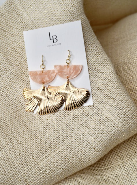 Blush Acrylic Half Moon and Gold Ginkgo Leaf Earrings