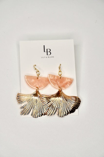 Blush Acrylic Half Moon and Gold Ginkgo Leaf Earrings