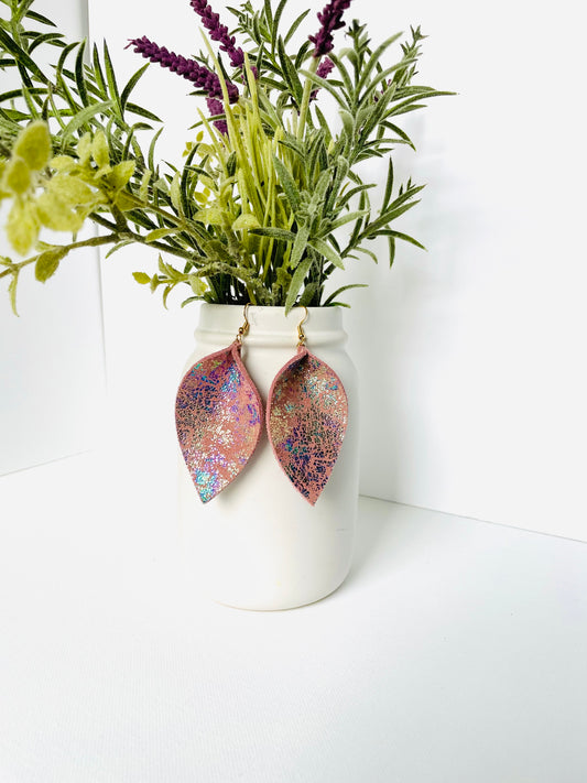 Iridescent Leather Leaf Earrings.