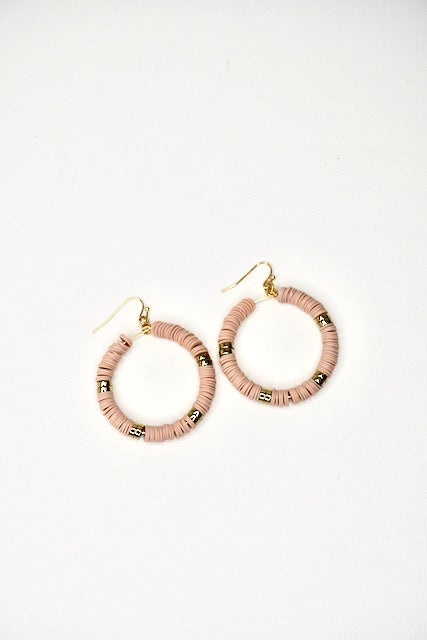 Blush Pink Rubberized Bead Hoop Earrings with Gold Accents