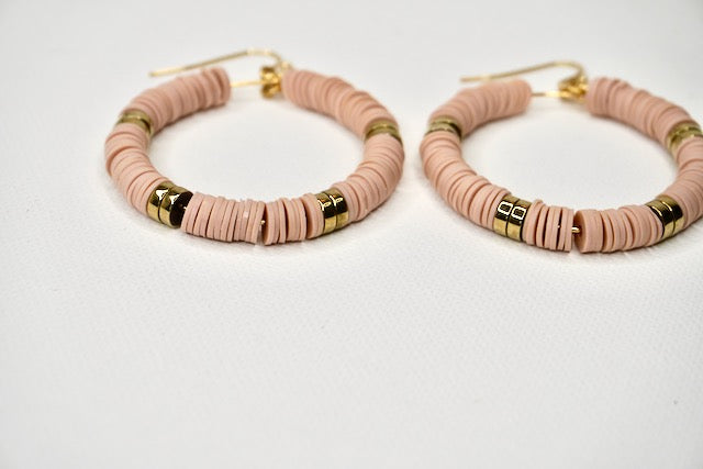 Blush Pink Rubberized Bead Hoop Earrings with Gold Accents