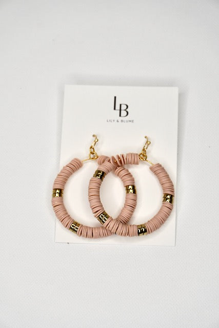 Blush Pink Rubberized Bead Hoop Earrings with Gold Accents