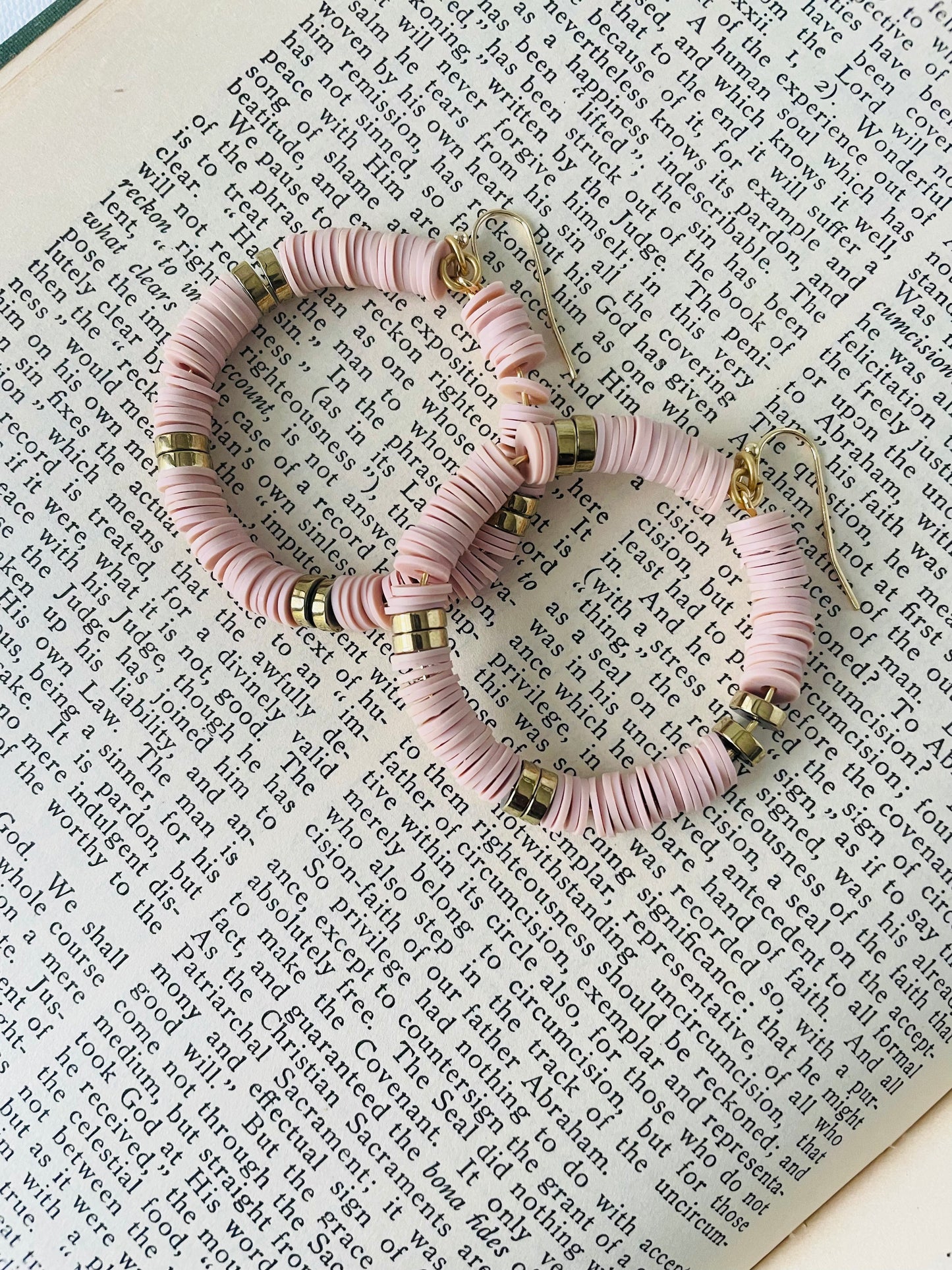 Blush Pink Rubberized Bead Hoop Earrings with Gold Accents