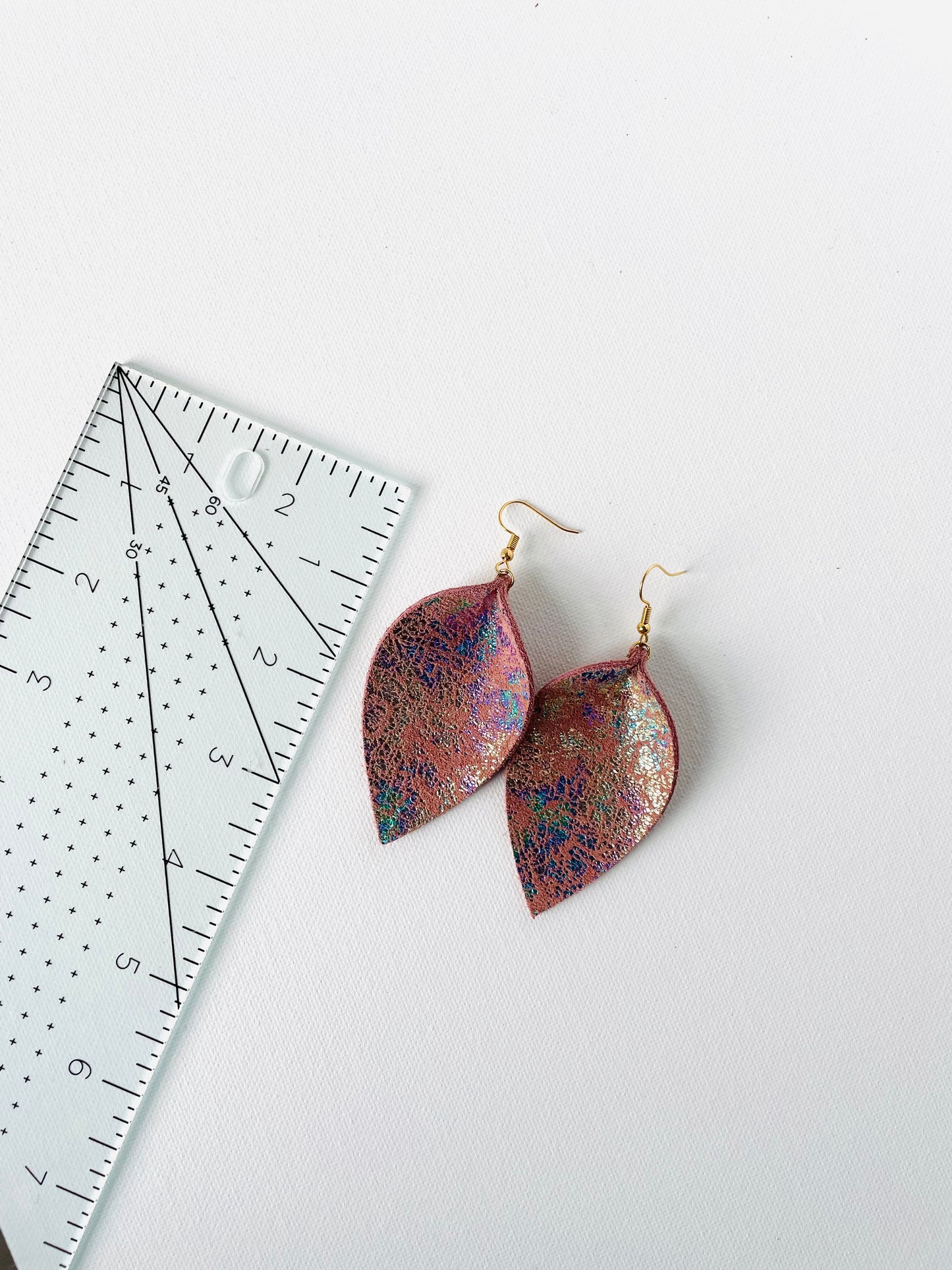 Iridescent Leather Leaf Earrings.