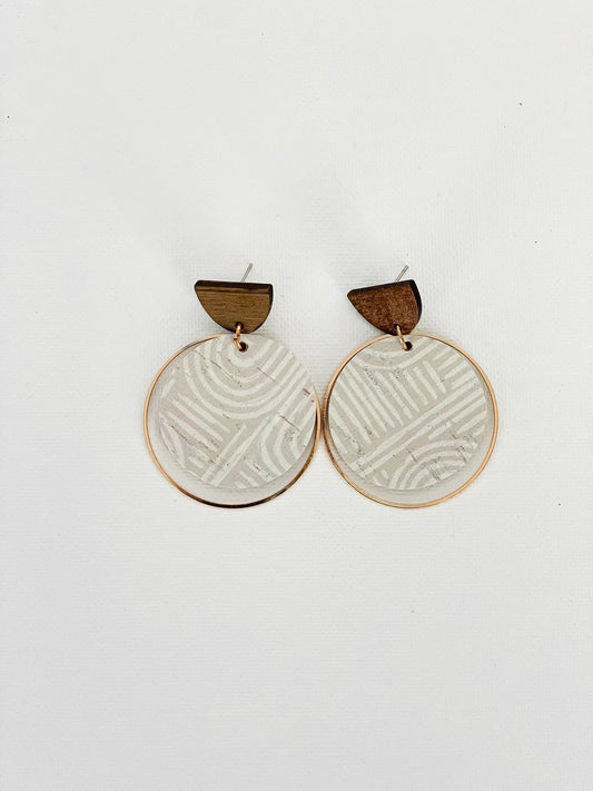 Taupe and white Cork Leather and Brass Hoop Earrings