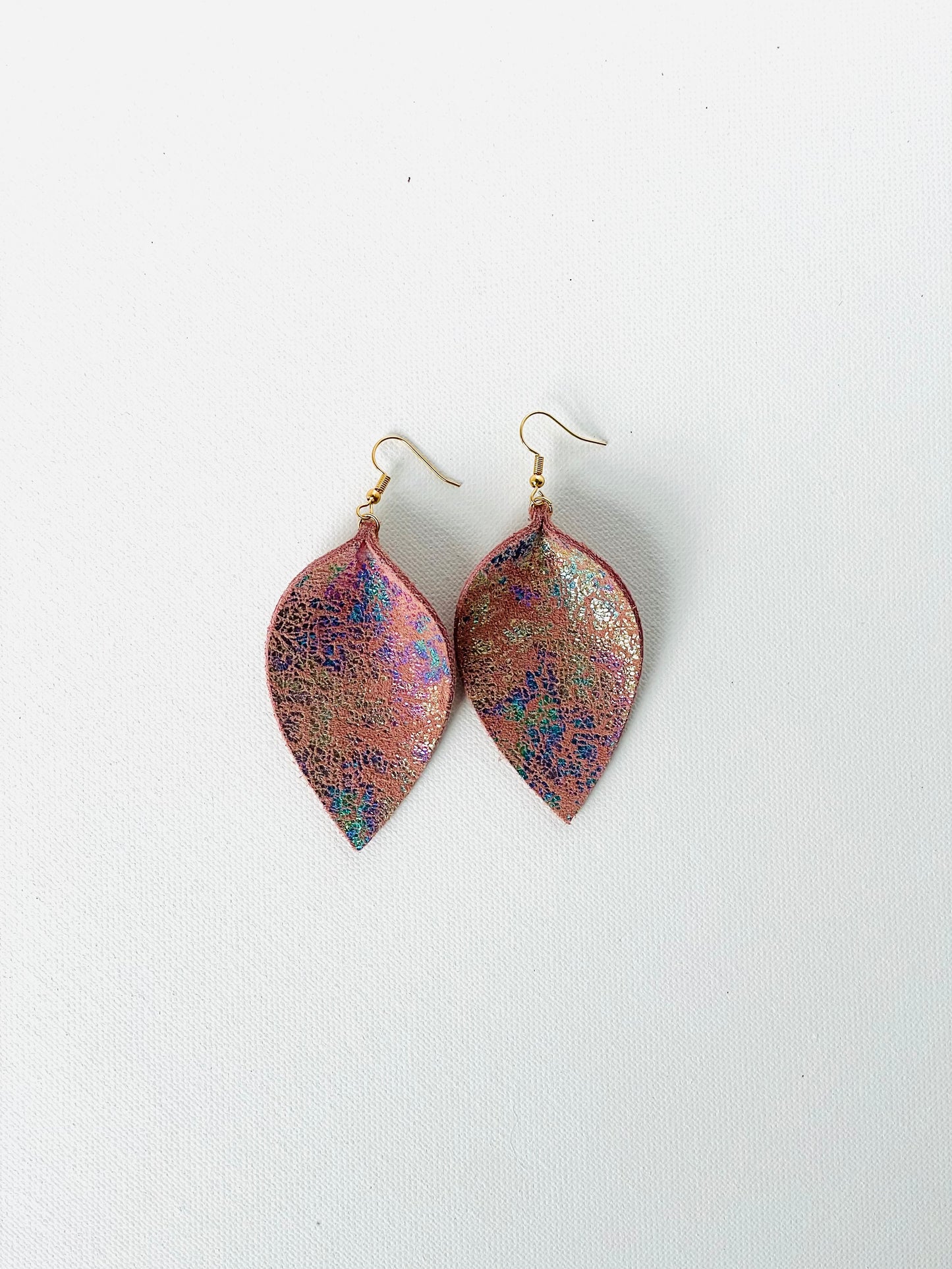 Iridescent Leather Leaf Earrings.